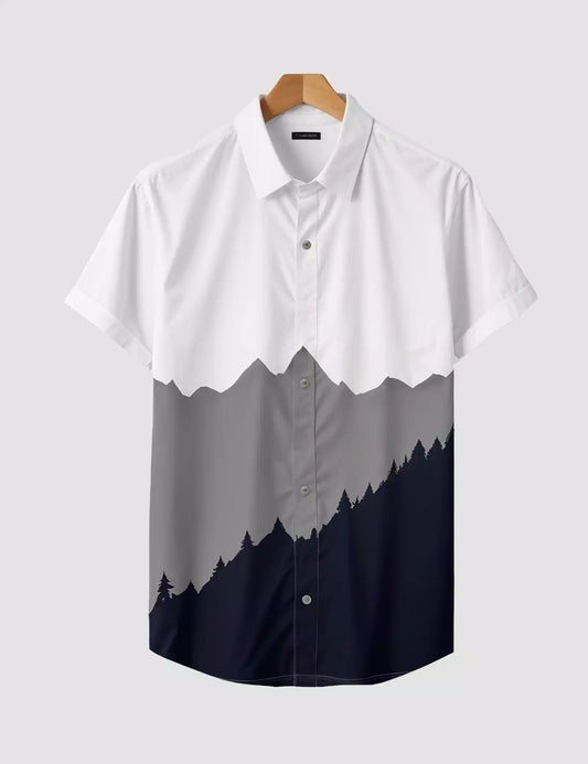 BLUE GRAY MOUNTAIN PRINTED DESIGNER MEN'S HALF SLEEVES PRINTED SHIRT
